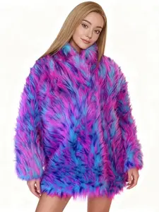 2026 Fall/Winter Women's Purple-Blue Gradient Tie-Dye Faux Fur Coat Mid-Length Thick Warm Outerwear for Music Festivals & Street Outings Versatile Stylish Jackets - Womenswear