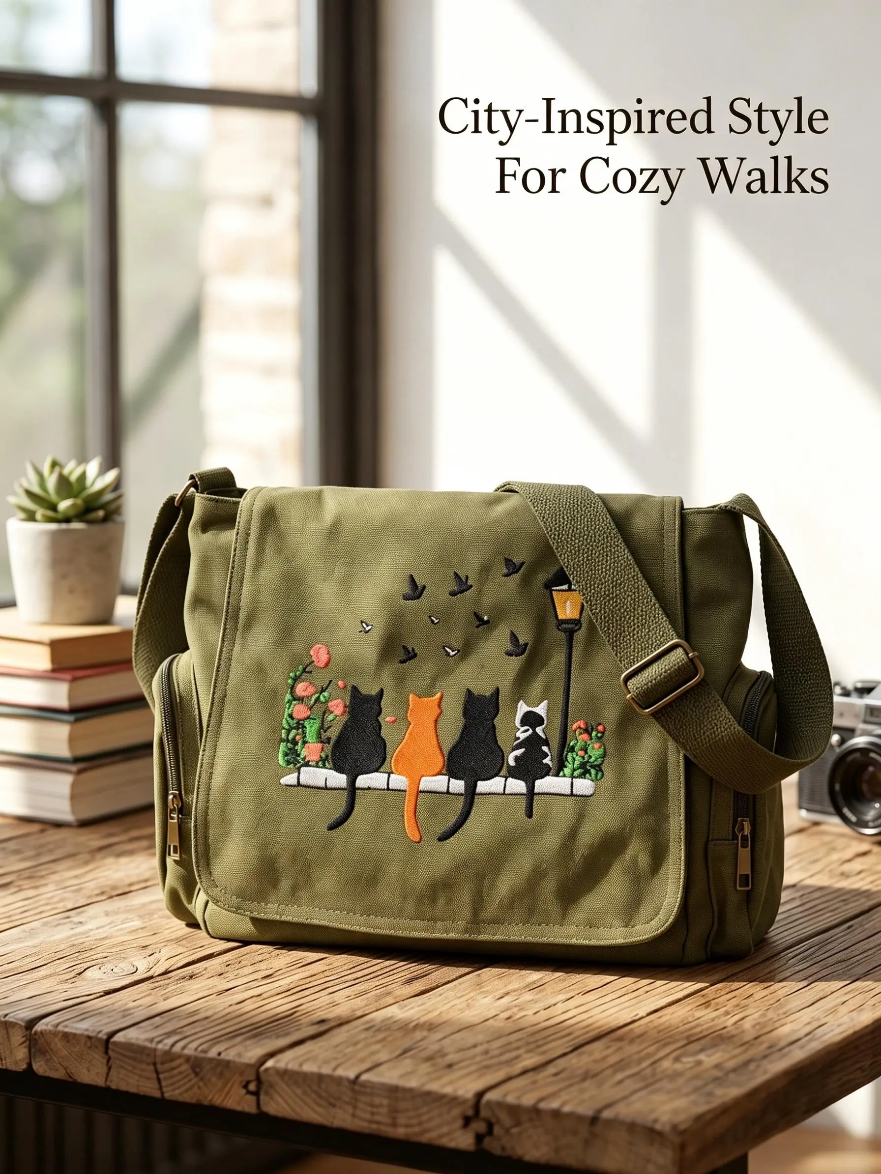 Women’s Large-Capacity Embroidered Shoulder Bag, Retro Flap Design with 4 Cats at Stone Table Print, Patch Pocket Included for Shopping & Travel