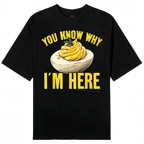 Cotton Crew Neck T-Shirt Retro Thanksgiving Dinner 'You Know Why I'm Here' Deviled Egg Graphic Tee, Casual Short Sleeve Menswear, Loose Cotton Top for Fall Holiday Gatherings
