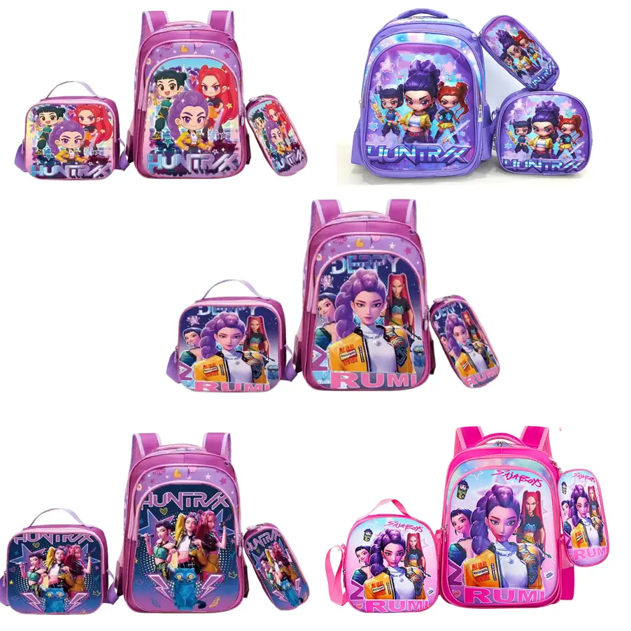 3D Anime K-Pop Girl 3 in 1 Backpack Set, 15.7 Inch Pink Large Capacity Laptop School Daypack with Matching Insulated Lunch Bag & Stationery Pencil Case, Cute Kawaii Aesthetic Travel Backpack Gift for Teen Girls Students