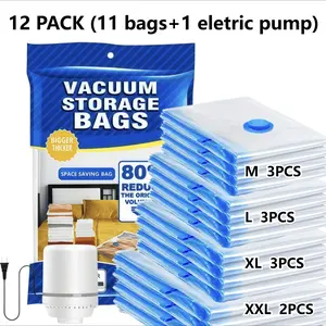 Vacuum Storage Bags 12Pack (1 Electric Pump 2 Jumbo 3 Large 3 Medium 3 Small) 80% Space Saving for Clothing Travel Luggage Comforters Blankets Pillows Bedding Dustproof Organizer. Durable Pouch.reusable space saver.compress bag.vacuumbag. home essential
