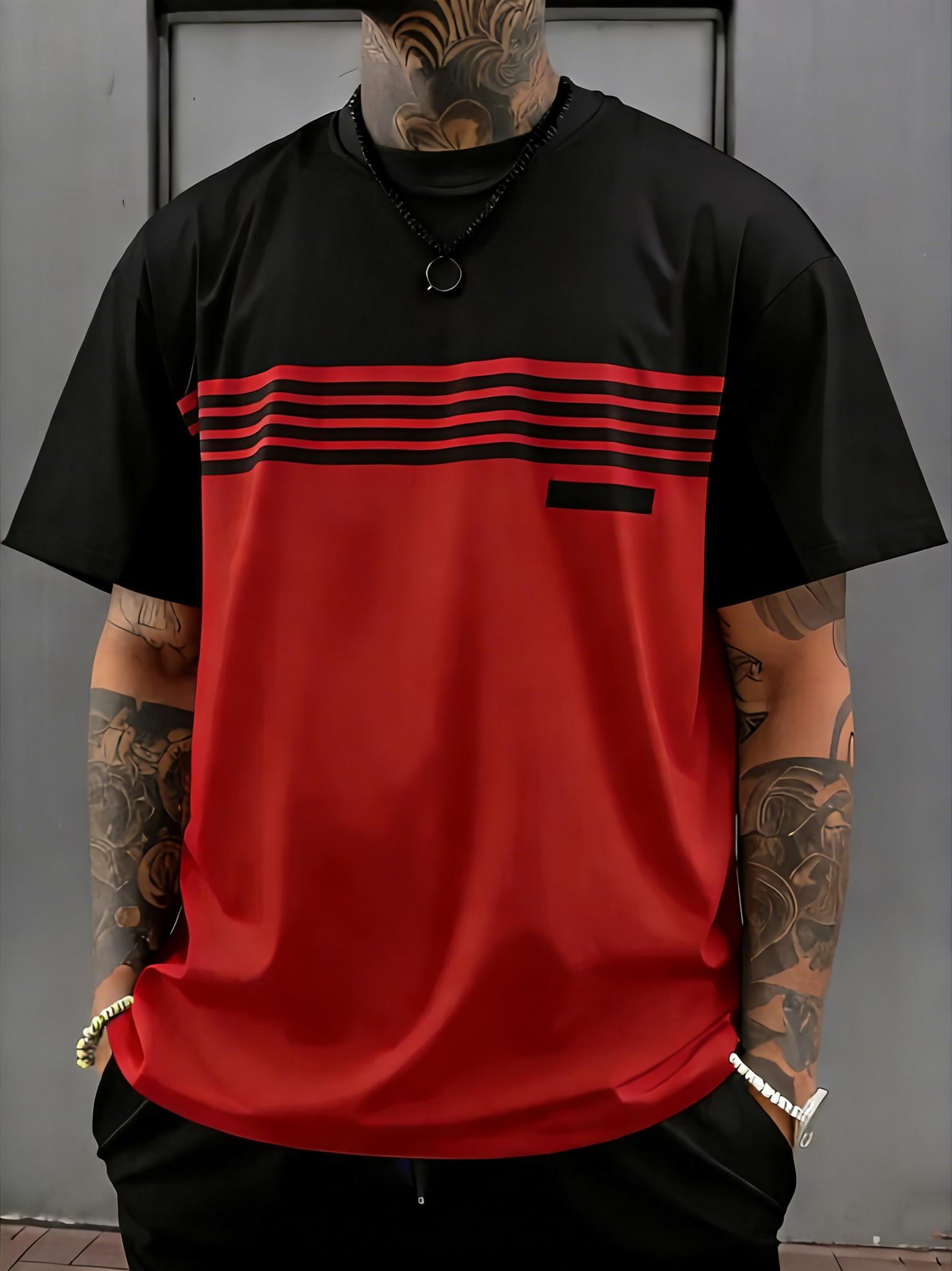 Men’s slim-fit quick-dry sports T-shirt; lightweight color-block striped casual fitness short-sleeve T-shirt—thin, breathable, and comfortable. Suitable for summer outdoor leisure activewear styling. This short-sleeve T-shirt is ideal for parties and dini