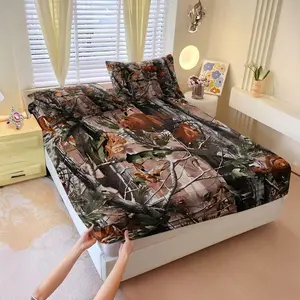 3Pcs Camouflage Forest-Themed Fitted Sheet Set, Realistic Wildlife Design with Bears, Deer, and Ducks, Perfect for Outdoor Lovers, Soft and Durable Fabric, Ideal for Nature-Inspired Bedroom Decor, Includes 1 Fitted Sheet and 2 Pillowcases, No Pillow