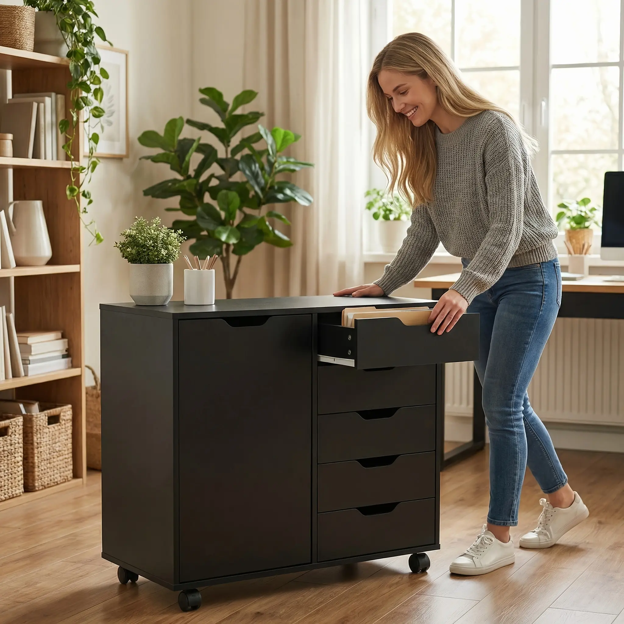 Five-drawer Wooden Chest Of Drawers, Office Storage Cabinet with Adjustable Shelves And Wheels, Printer Stand for Home Office Use, with 2 Wheels Equipped with Brakes