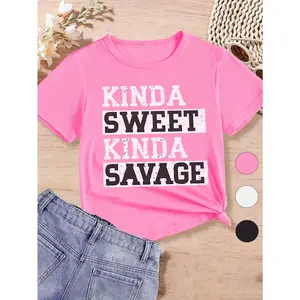 KINDA SWEET KINDA SAVAGE 2025 Hot Trend! Cotton Girls' T-Shirts with Creative Prints & Inspiring Quotes for Summer Outdoor Fun meme faithful game day cotton fly