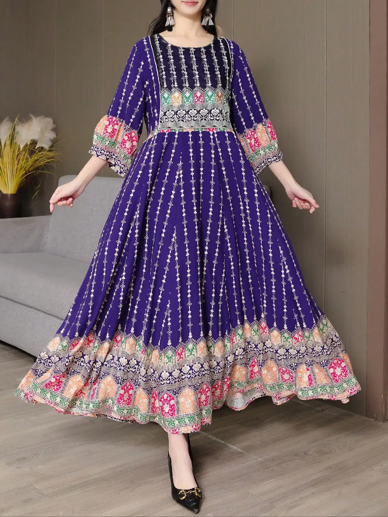 Bohemian Ethnic Embroidered Maxi Dress, Vintage Long Beach Vacation Skirt, Casual Holiday Travel Gown, Plus Size Women's Clothing