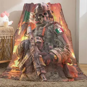 Mexican Flag Tactical Soldier Flannel Blanket, Skull Warrior Print, Soft Warm Durable Throw for Bedroom & Living Room