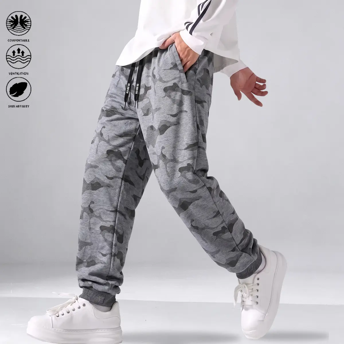 Men's camo jogger pants, tapered ankle with elastic cuffs and adjustable drawstring waist, great for streetwear, travel, or gym sessions – made of 100% polyester, breathable and quick-dry – stay bold, agile, and effortlessly trendy.