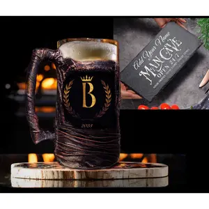 Monogram Beer Mug Set | Anniversary Gift For Him | Stone Plate