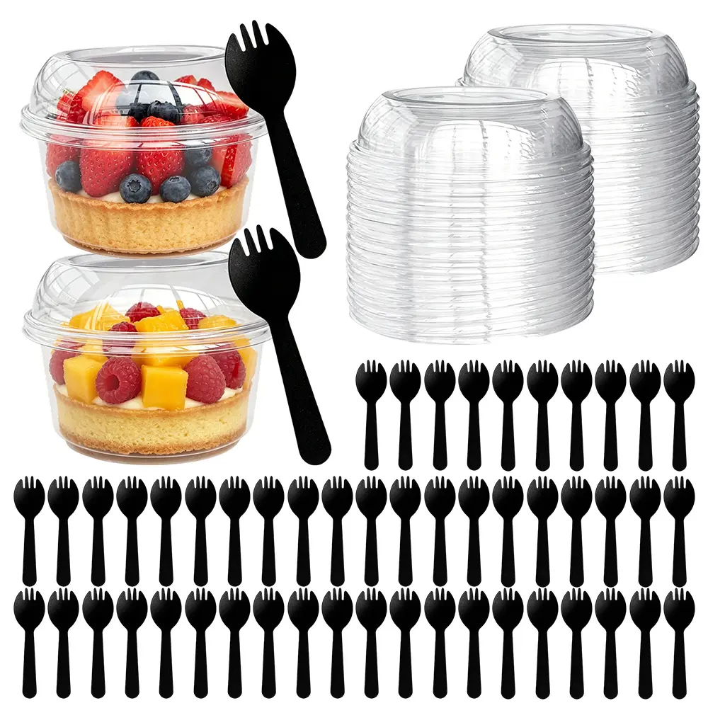 50 Pack 12 oz Disposable Clear Plastic Cups with Dome Lids and Spoons, Plastic Dessert Cups, Disposable Snack Bowls for Ice Cream, Cake, Snacks, Fruit, Cold Drinks, Milkshake, Pudding, Salad