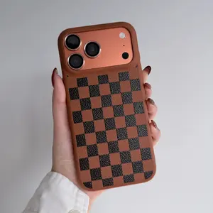 Brown Checkerboard Phone Case Color Faux Leather iPhone Cases Anti-Slip Shockproof for iPhone17 PRO MAX Case Slim Soft Protective Cover Cellphone Smartphone Protection Casing Protector