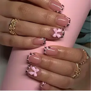 24Pcs Leopard French Tip Press on Nails Short Square Fake Nails Pink Glossy Bow Designs