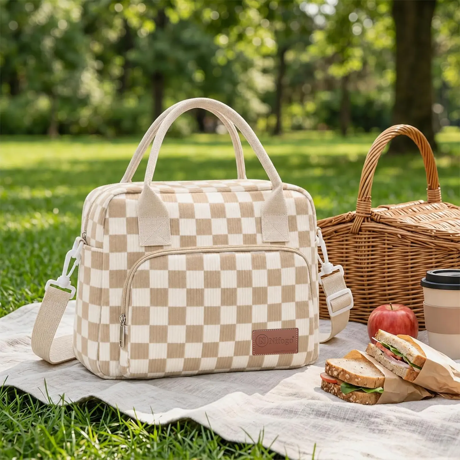 Corduroy Checkered Insulated Lunch Cooler Bag 11L, Portable Tote Lunch Organizer Holder with Detachable Shoulder Strap, Waterproof PEVA Liner Lunch Bag for Office Picnic Women & Men