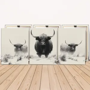 3 Counts Wooden Framed Canvas, Highland Bull Trio In Mist Images, Exquisite Poster, Perfect Living Room Decoration, Modern Art, Fashion Family Poster, Wall Art Decoration, Waterproof Art
