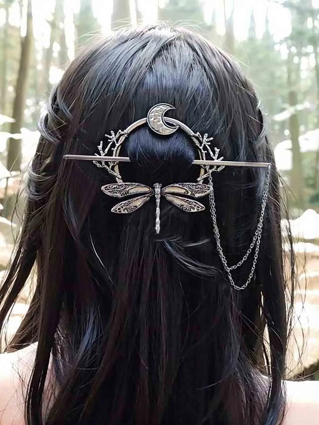 Vintage Viking Dragonfly Moon Branch Chain Fringe Decorative Hairpin, Hair Clip, Dragonfly Clips, Unique Creative Antique Hair Accessory for Women, Perfect for Vacations and Parties
