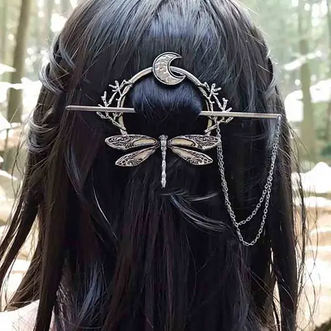 Vintage Viking Dragonfly Moon Branch Chain Fringe Decorative Hairpin, Hair Clip, Dragonfly Clips, Unique Creative Antique Hair Accessory for Women, Decorative Hair Pins, Perfect for Vacations and Parties