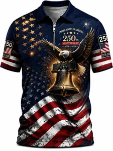 Patriotic American flag men's polo shirt, Liberty Bell & Eagle & Starburst 250th Anniversary of the Explosion of the United States 1776-2026 July 4th Festive Gift Polo Shirt Zip-up Polo Shirt