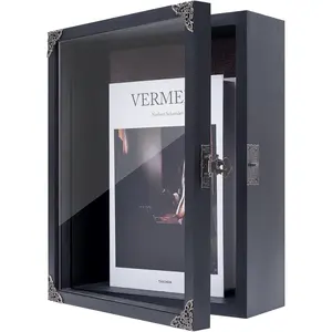 Deep Shadow Box Frame 11x14, 4.7in Depth Shadow Boxes Display Case with Soft Linen PIN Board,  Charred Finish & Mortise-Tenon Joint, Retro Metal Hardware (Black)