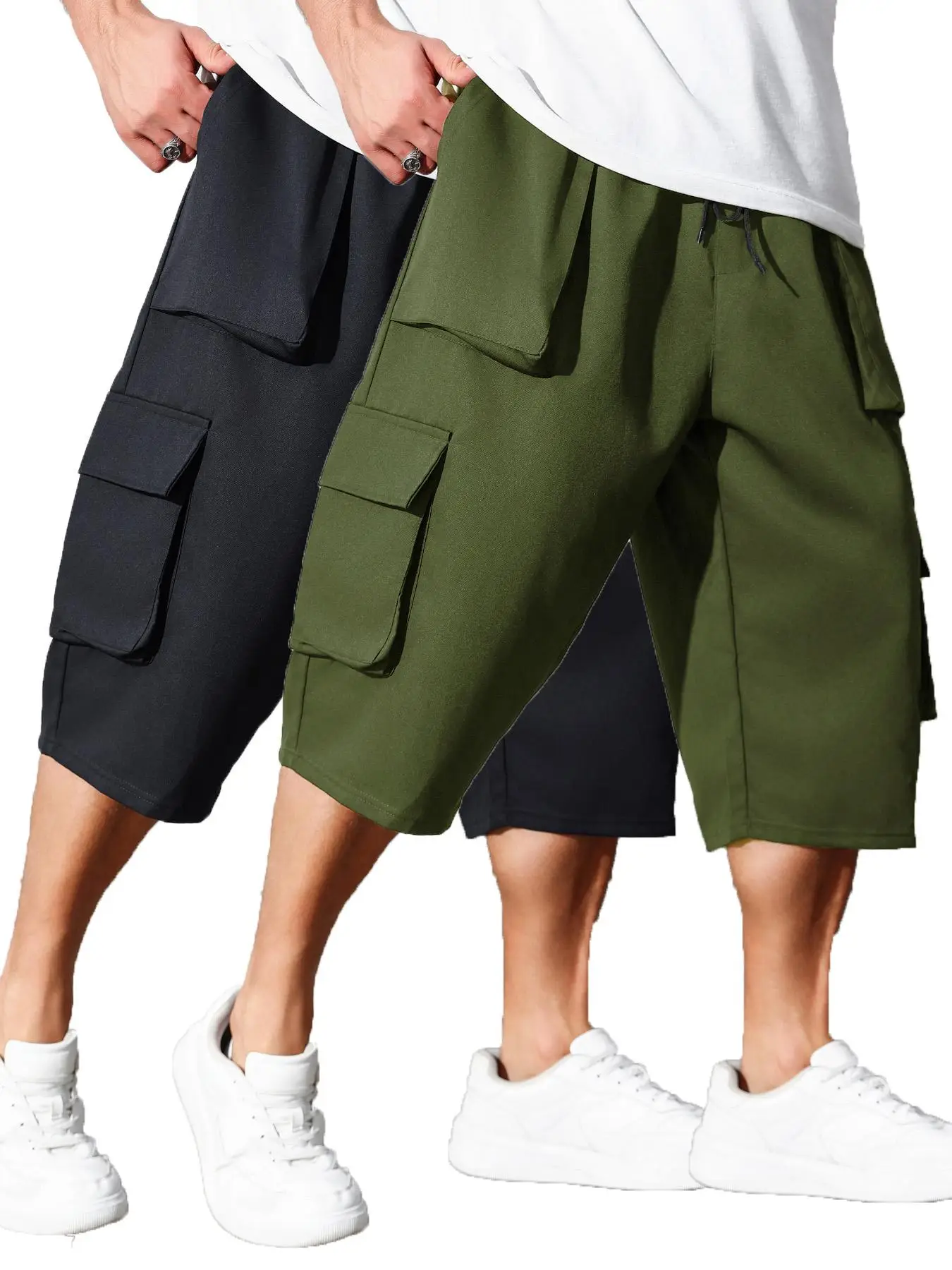 【Plus Size】 Men's Solid Flap Pocket Drawstring Waist Capri Cargo Pants, Street Fashion Regular Fit Capri Pants for Daily Wear, Men's Bottoms for All S