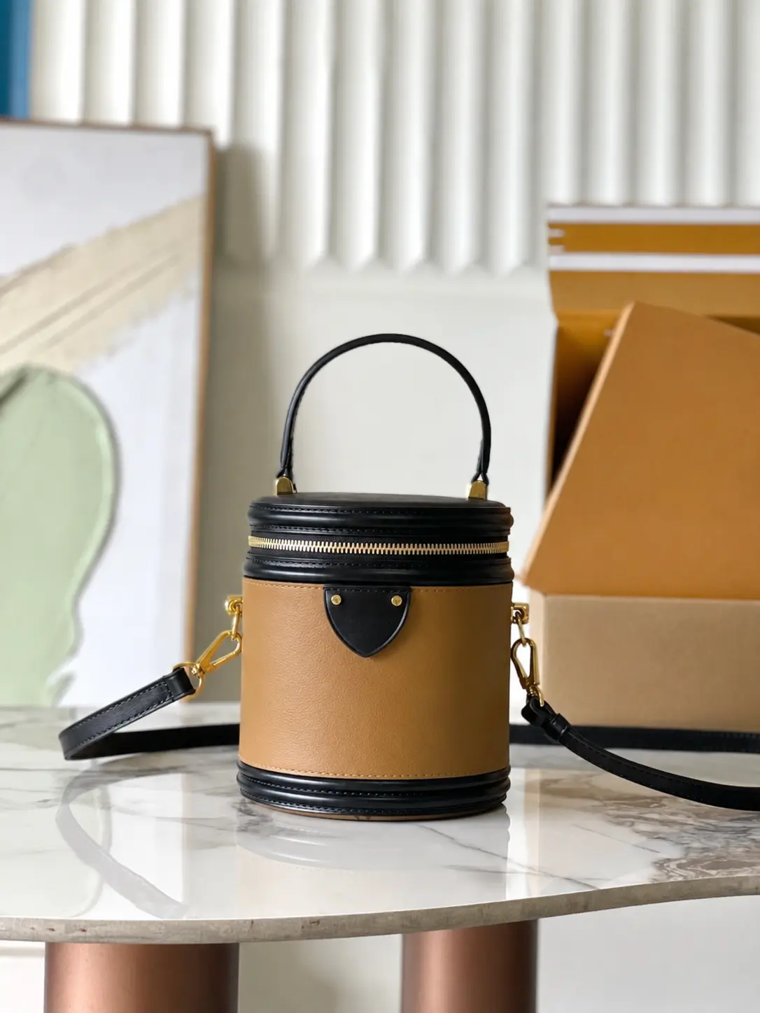 Women’s Colorblock Cylindrical Crossbody Bag, Top Handle Vanity Case Purse with Adjustable Strap and Gold-Tone Hardware