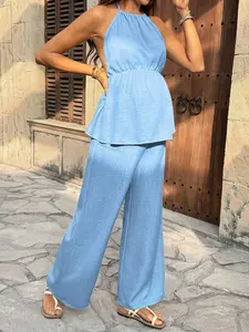 NANCY Maternity Baby Blue Vacation Set - Elegant Ruffle Hem Halter Top & Adjustable Waist Pants 2-Piece Outfit
