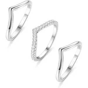 FINREZIO 3 Pcs Silvery Simple 925 Sterling Silver Thumb Rings for Women Men Unique Design with Shining CZ Stackable Chevron Rings Delicate V Shape Wave Rings Curved Wedding Engagement Band Rings Promise Rings