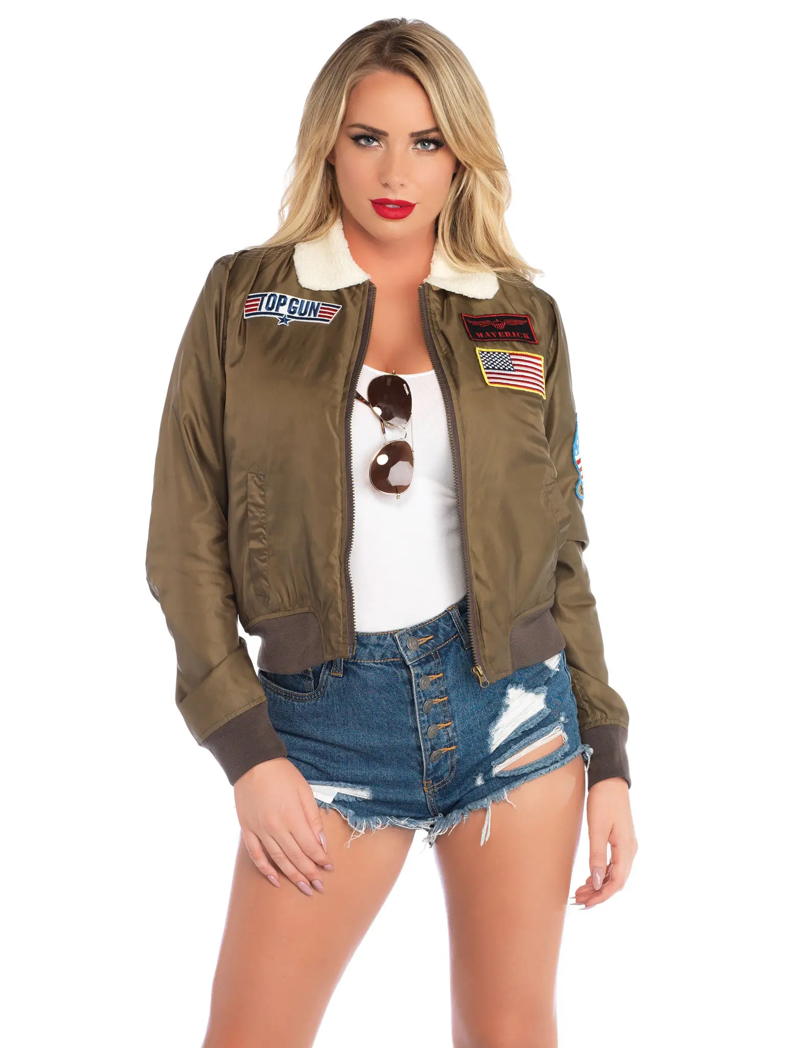 Top Gun Women's Costume, Cropped Apparel-Quality Nylon Bomber Jacket for Halloween with Interchangeable Badges