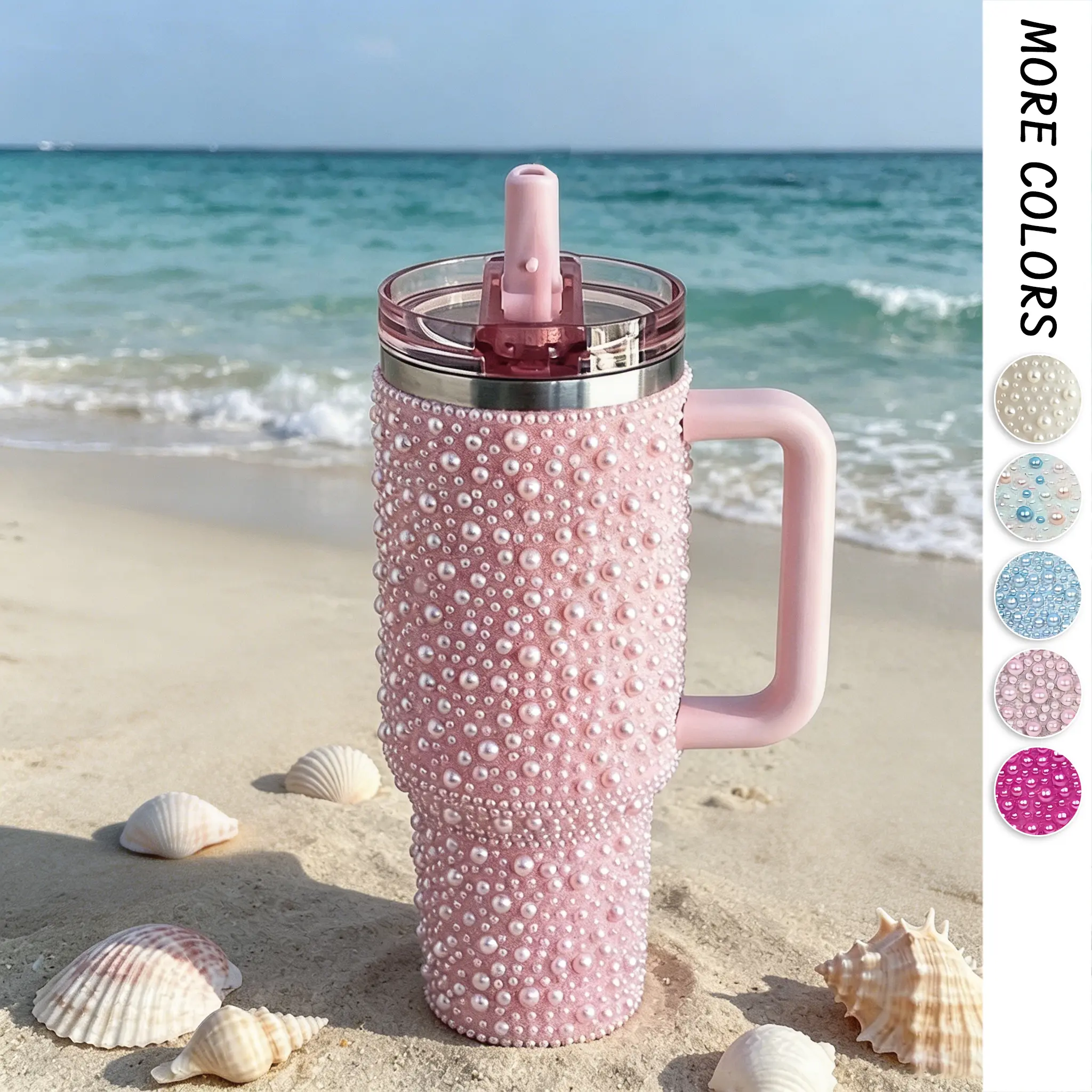 Pearls Bling 40 oz Tumbler with Handle and Straw | Rhinestones 100% Leakproof Stainless Steel Insulated Tumbler with Lid and Straw | Cup Holder Friendly Base