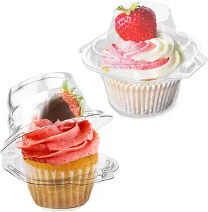 50 Pcs Cupcake Boxes Plastic Individual Cupcake Containers Single Cupcake Carrier with Connected Airtight Dome Lid for Party LQ-XDL20-50CUP