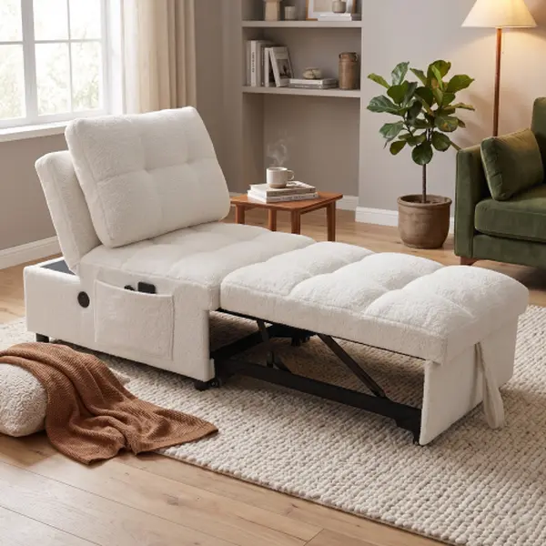 3-in-1 Convertible Teddy Fabric Futon Sofa Bed, Adjustable Backrest Folding Floor Couch with Built-In USB Charging Port, Soft Skin-Friendly Lazy Sofa for Living Room, Bedroom & Small Spaces,White