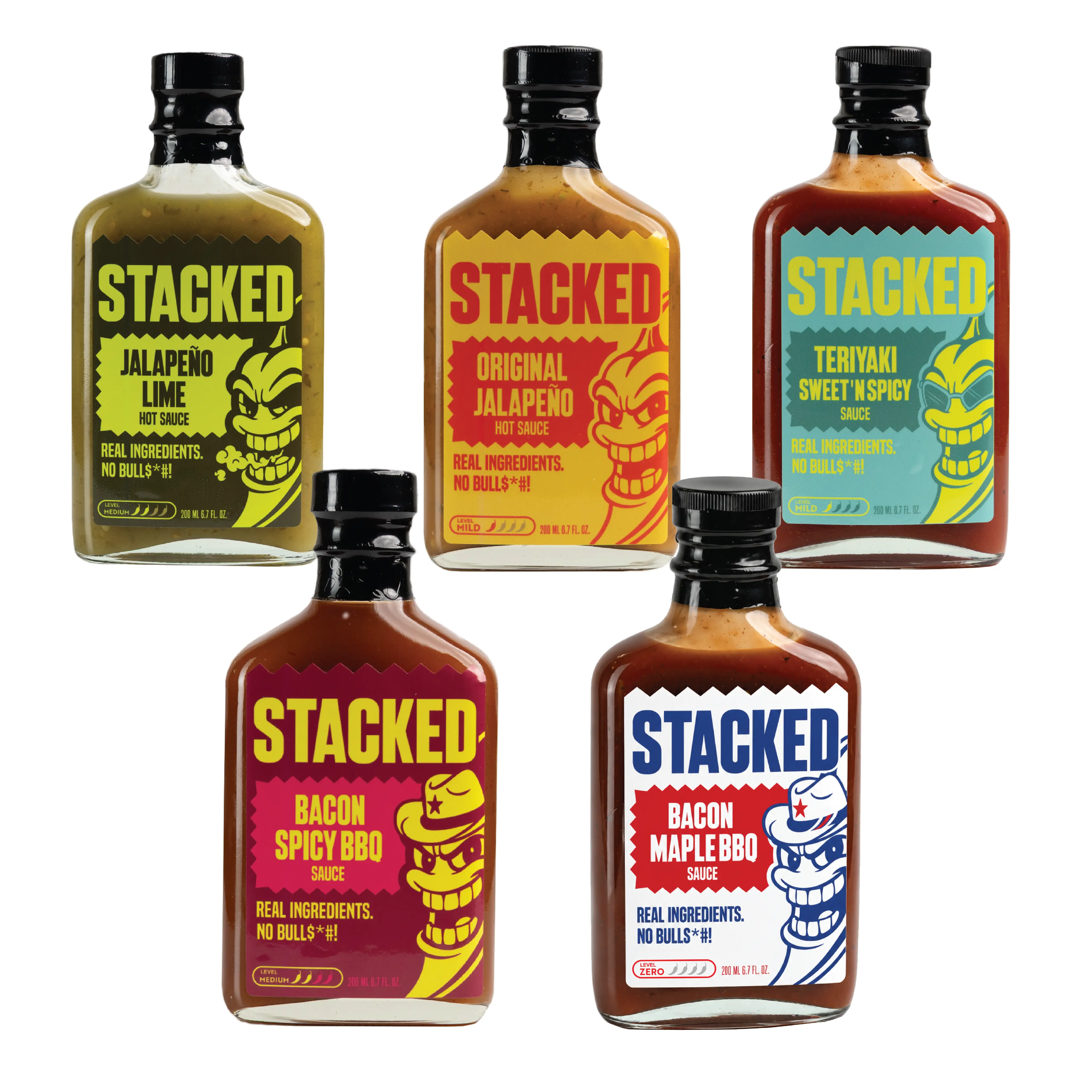 STACKED Variety Pack | Hot Sauce 5 Pack | Jalapeno Lime, Original Jalapeno, Teriyaki Sweet N' Spicy, Bacon Spicy BBQ, Maple Bacon BBQ