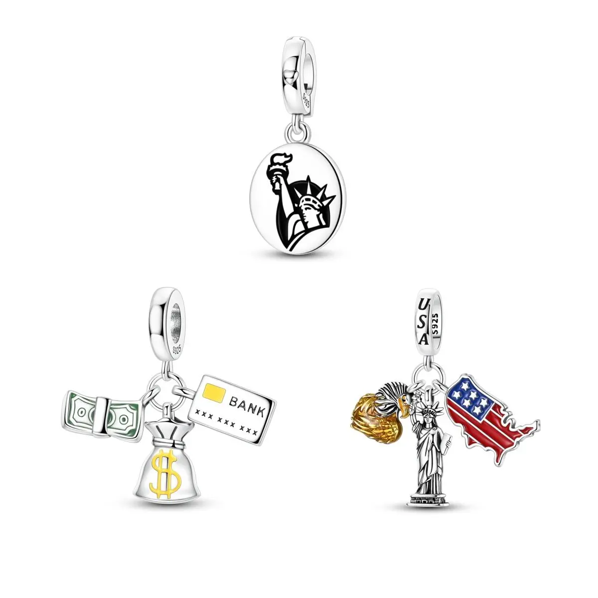 MULA 925 Sterling Silver Patriotic Charm Set, Compatible with Pandora Bracelets, U.S. Flag, Bald Eagle, Statue of Liberty & Wealth Charms, Independence Day Travel Souvenir Jewelry Gift for Americans
