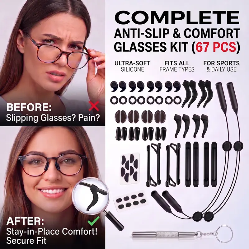 Glasses Anti-Slip Kit: Soft Ear Grip Hooks, Nose Pads, Sports Strap & Repair Screwdriver - Prevent Slipping, Pain Relief & Secure Fit