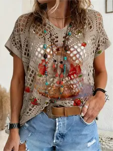 Spring/Summer style, V-neck diamond hollow-out loose batwing raglan short sleeve cover-up, contrast color strawberry & cat print women's knitted top, vacation style, casual elegant commute, women's vest cover-up, bikini cover-up, Bohemian beach vacation c