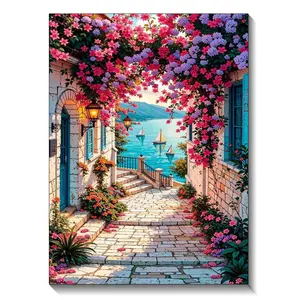 5D DIY Seaside Town Flower Street Scene Diamond Painting Kit, Full Round Diamond Mosaic Embroidery Craft, Home Wall Decoration, Suitable for Beginners