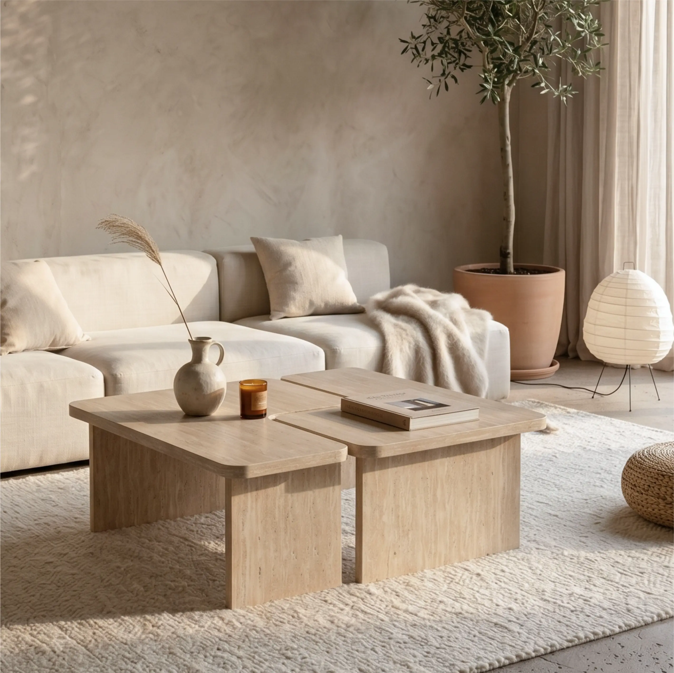2-Piece Modular Coffee Table Set with Travertine Look, L-Shape Nesting Puzzle Design, Cream Beige MDF, Modern Style