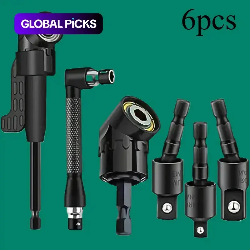 6-Piece Heavy-Duty Power Tool Accessory Kit, Right-Angle Drill Bit & Attachments: 3 x 360° Rotatable 1/4"-3/8"-1/2" Impact-Grade Socket Adapters, 2 x 105° Hex Shank Adapters