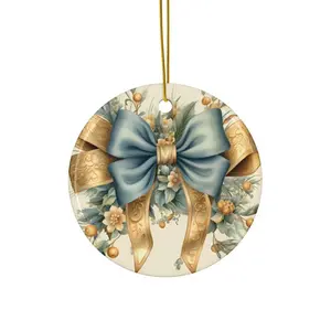 Light Blue and Gold Bow Ceramic Ornament, X-mas Gift - Circle, Star, Heart and Oval Shapes