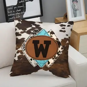 Cow Print Letter "W" Throw Pillow (Insert Included) — Soft, Western-Style Decorative Cushion With Zipper Closure; Square Accent Pillow for Sofas, Beds, and Chairs; Farmhouse-Style Home Decor for Living Rooms and Bedrooms.
