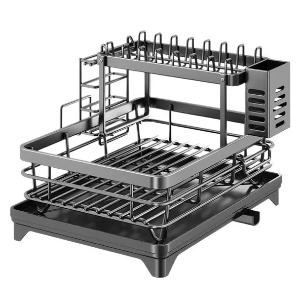 Foldable Over Sink Dish Drying Rack｜Pull-Out 2-Tier Dish Drainer with Utensil Holder｜Space Saving Kitchen Organizer for Small Kitchens