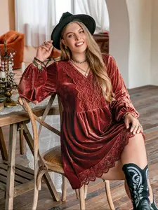 Plus Size Velvet Dress with Lace Collar and Lantern Sleeves, Loose-Fit Fall & Winter Fashion, Elegant Women's Clothing
