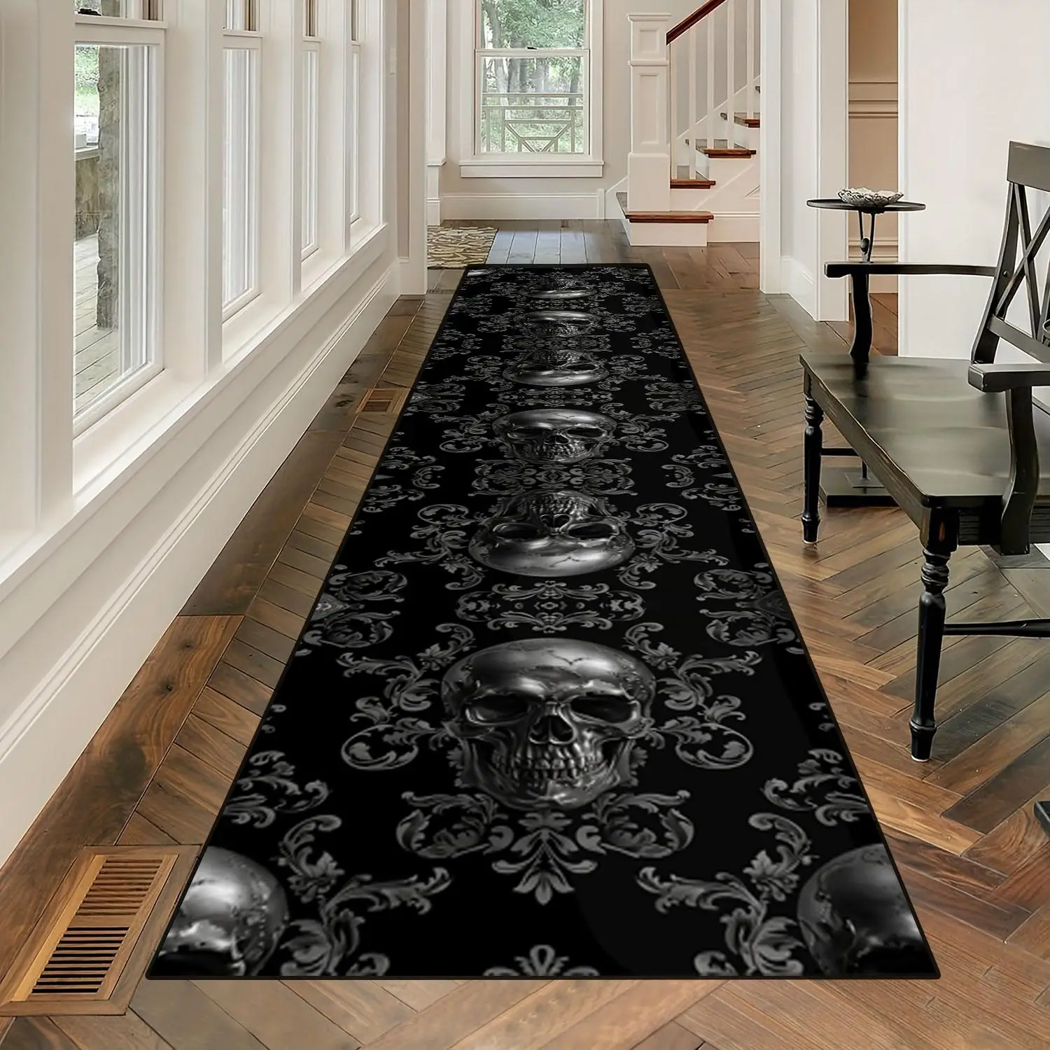 Skull Pattern Hallway Runner Rug, 1 Count Halloween Decorative Strip Living Room Corridor Carpet, Decorative Strip Carpet for Home Living Room Bedroom