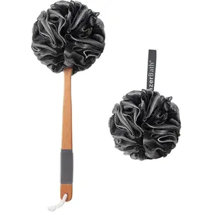 AmazerBath Shower Sponge Loofah Back Scrubber, PE Soft Fluffy Mesh Loofah Body Scrubber with Long Wooden Handle, Hangable Bath Sponge for Men Women Cleaning sponge baby