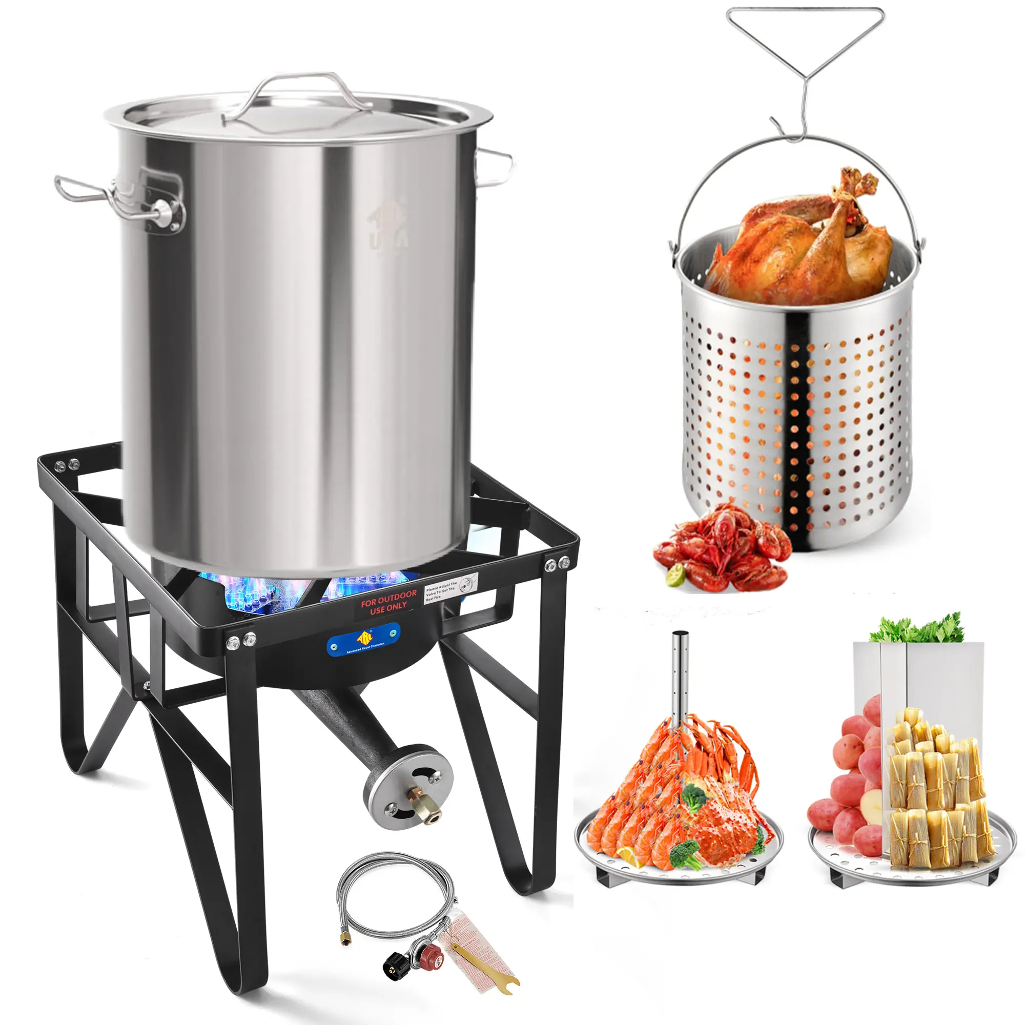 ARC ADVANCED ROYAL CHAMPION Seafood Boil Kit and Turkey Fryer, Heavy-Duty Large Size 32QT Stainless Steel Pot, 200,000 BTU Burner with Adjustable Hose, Cast Iron, Divider, 32Qt Capacity, Round Pot, 32Qt Size