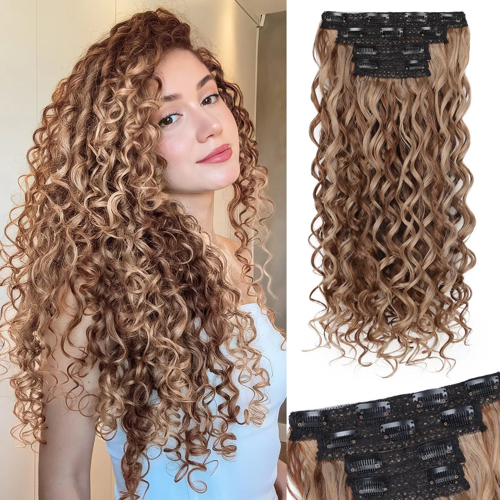 GEEOE Curly Clip In Hair Extensions,4PCS 20 inch Thick Curly Hair Extensions Lace Weft Clip Ins Invisible Natural Synthetic Hairpieces for Women