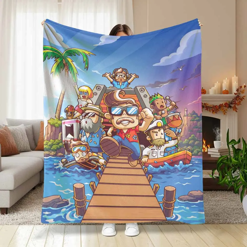 Tropical Island Party Flannel Fleece Blanket Vibrant Cartoon Vacation Print Lightweight Plush Warmth Soft Texture Breathable Fabric Ideal For Beach House Bedroom Outdoor Camping Travel Gift Sofa Decor