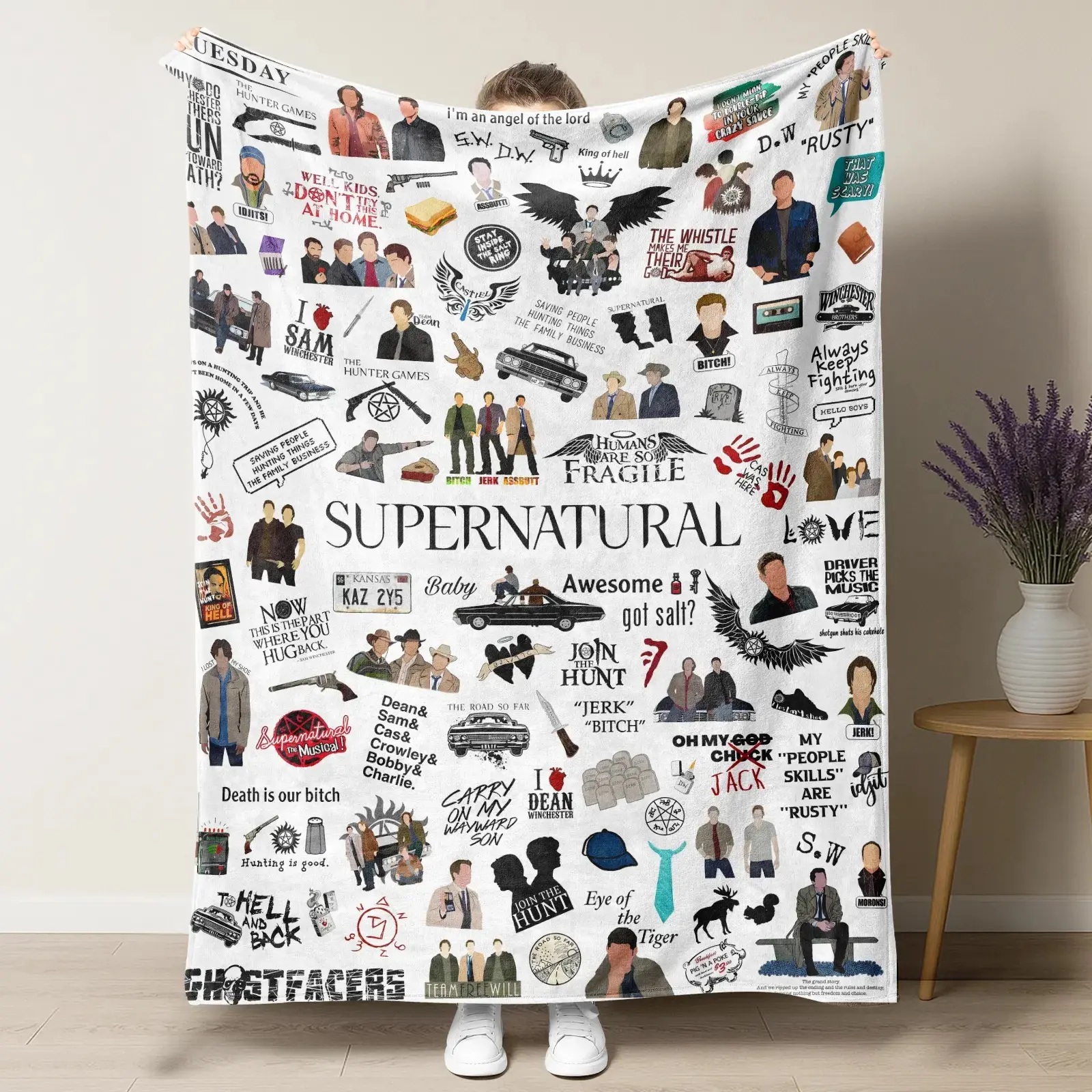 Supernatural Winchester Brothers Blanket, Sam Dean Character Flannel Fleece Throw Blanket, Soft Cozy TV Fan Gift for Sofa Bedroom Dorm