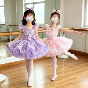 Kids Purple Sequin Ballet Tutu Dress Girls Sparkle Flower Dance Costume with Bow vestido de ballet for Children’s Day Dancewear