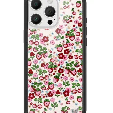 Wildflower Cases Limited Edition Custom Durable Rubber iPhone Case - Shockproof Raised Black Bumper, Fruit (Bright Red-Pink Strawberries) on Egg Shell White Background with Green Leaves, Women's Owned Small Business, Gift for Her