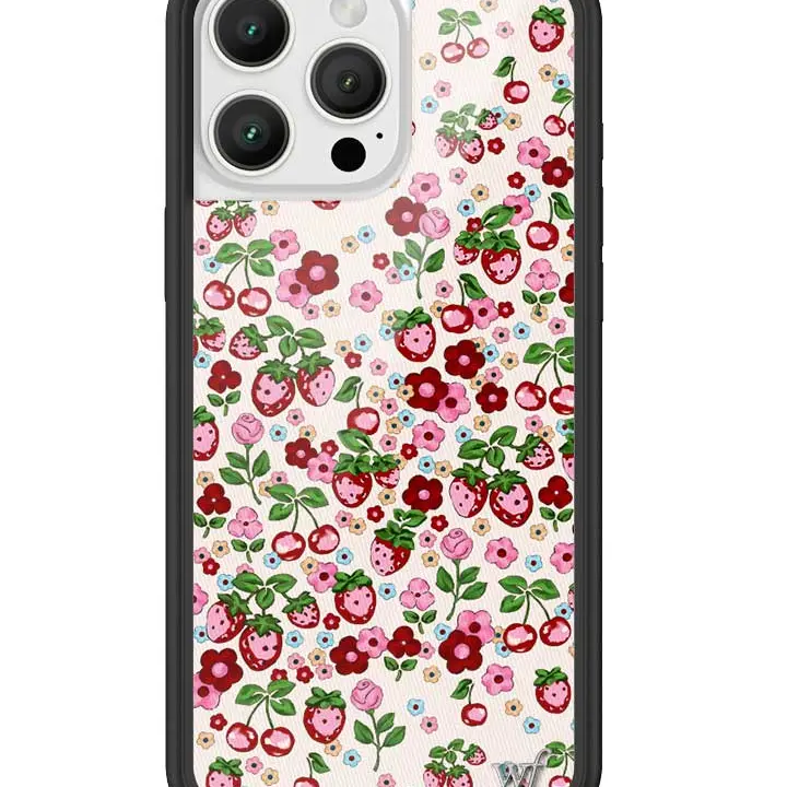 Wildflower Cases Limited Edition Custom Durable Rubber iPhone Case - Shockproof Raised Black Bumper, Fruit (Bright Red-Pink Strawberries) on Egg Shell White Background with Green Leaves, Women's Owned Small Business, Gift for Her